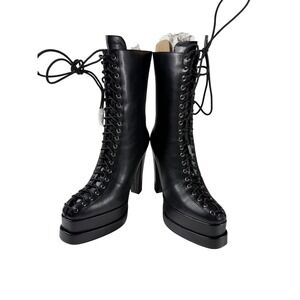 London Rag Luxe Black Platform Lace Up Boots Block Heel SH5247 Womens 6US 36EU